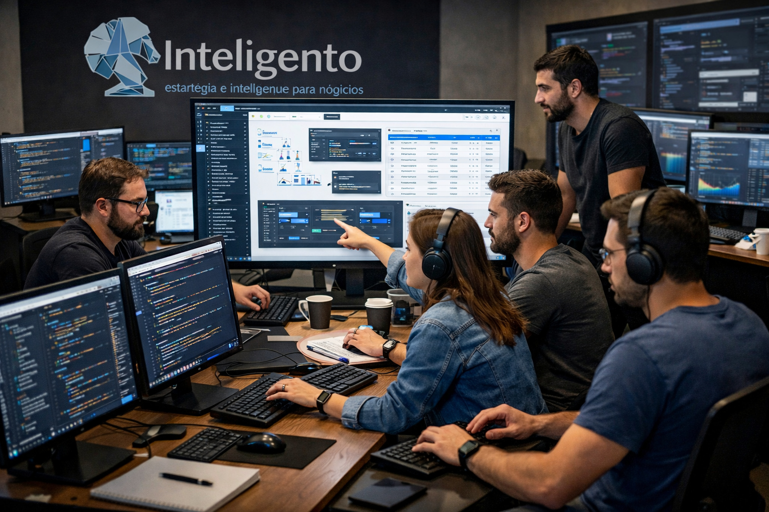 Desenvolvedores da Inteligento trabalhando em um sistema web complexo, com gráficos e dados na tela.
